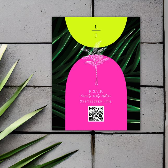 QR Code Neon Arches Monogram Tropical Wedding Enclosure Card (Creator Uploaded)