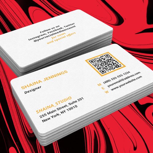QR Code Networking Modern Black Orange White Business Card