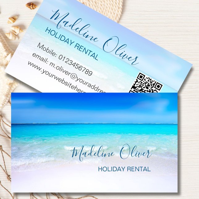 QR Code Ocean Beach Holiday Rental Blue Stylish Business Card (Creator Uploaded)
