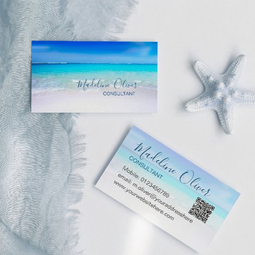 QR Code Ocean Beach Sea Travel Aqua Blue Stylish Business Card