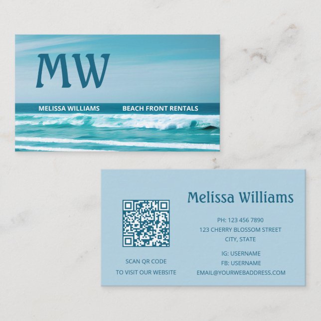 QR Code Ocean Wave Initials Business Card (Front/Back)