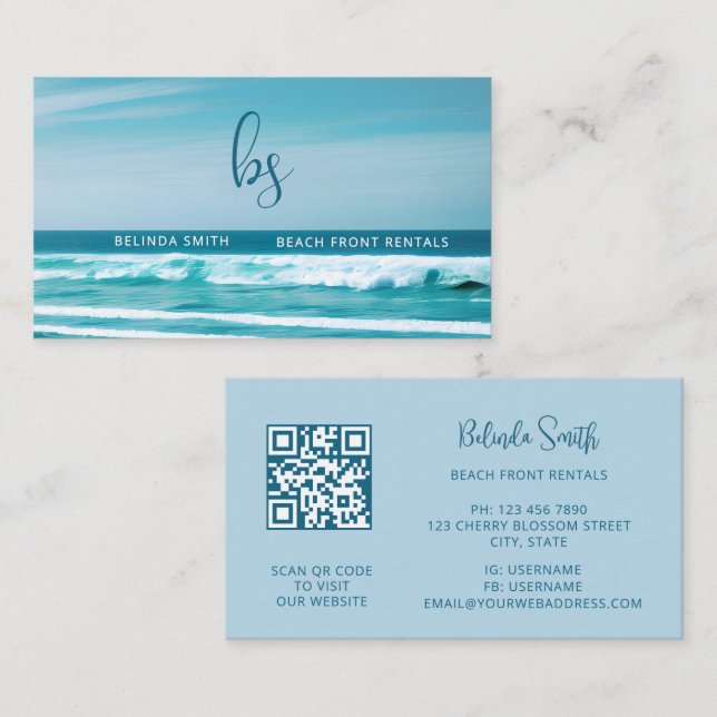 QR Code Ocean Wave Initials Business Card (Front/Back)