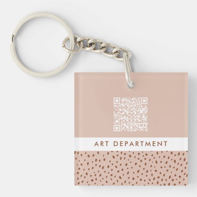 QR CODE office department beige & brown boho dots Keychain (Front)