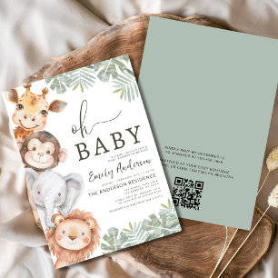 QR Code Oh Baby Safari Animal Boy's Baby Shower Invitation