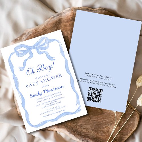 Oh Boy Blue Bow baby shower invitation