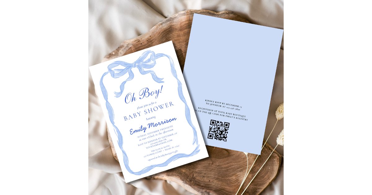 QR Code Oh Boy Blue Ribbon Bow Baby Shower Invitation | Zazzle