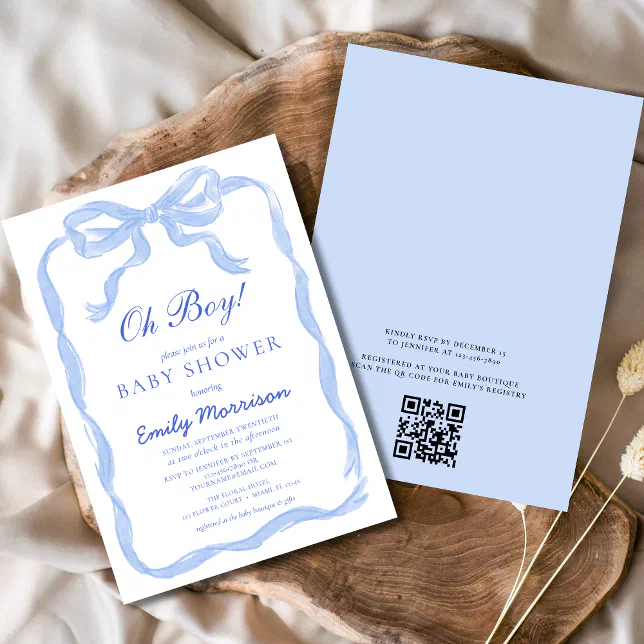 QR Code Oh Boy Blue Ribbon Bow Baby Shower Invitation | Zazzle