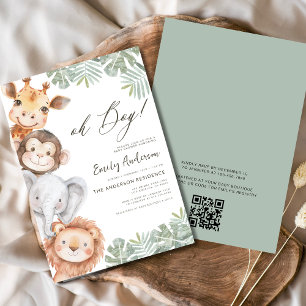 QR Code Oh Boy Safari Animal Boy's Baby Shower Invitation