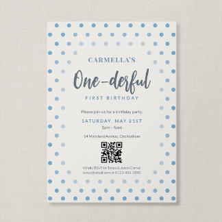QR Code Onederful Blue Polka Dot First Birthday Invitation
