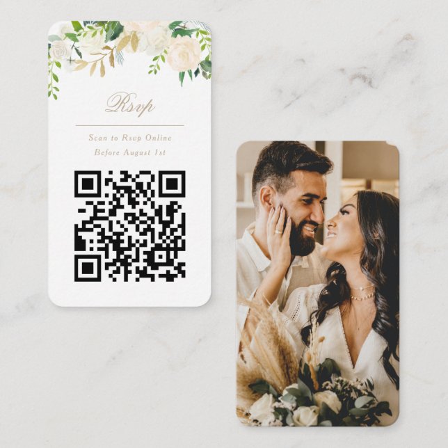 QR Code Online Photo Cream Floral Website RSVP Enclosure Card (Front/Back)