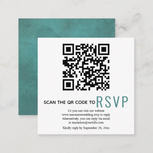 QR code online RSVP stained teal blue wedding Encl Enclosure Card