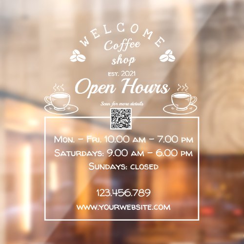 QR code open hours coffee shop sign_ window clings