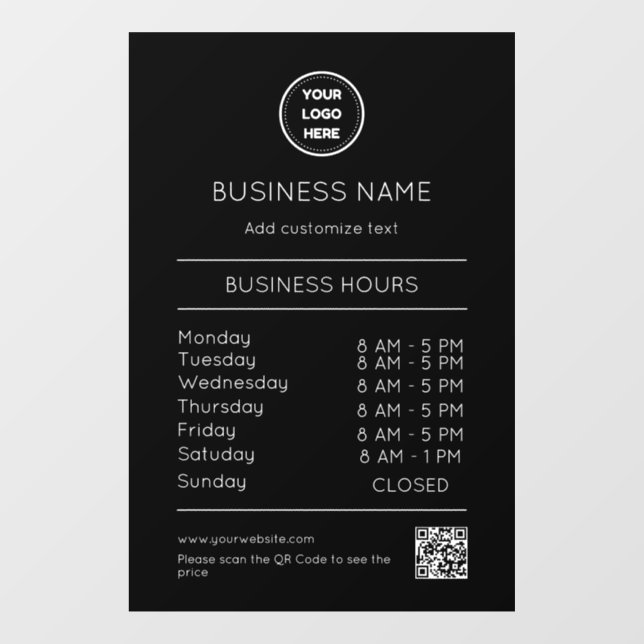 QR Code Opening Times Hours Business Logo Modern Window Cling (Sheet)