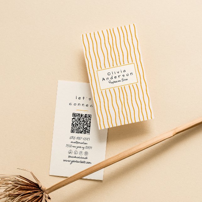 QR Code Orange Wavy Stripes Trendy Boho Modern Fun Business Card (Creator Uploaded)
