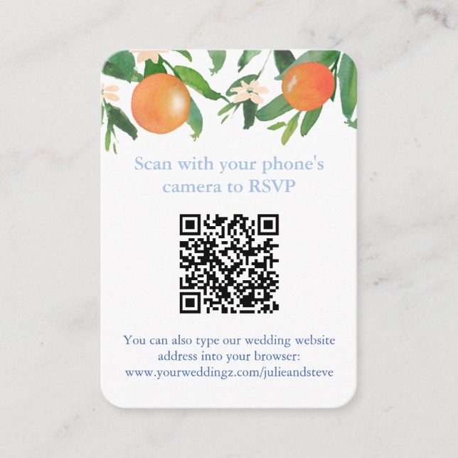 QR Code Oranges Blue And White Citrus Wedding RSVP Enclosure Card (Front)