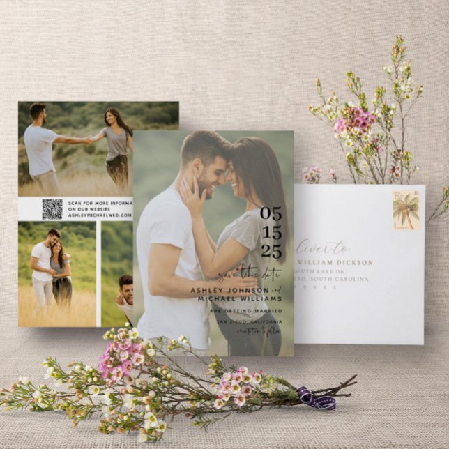 QR Code Overlay Modern 4 Photo Elegant Typography Save The Date (QR Code Save the Date!)