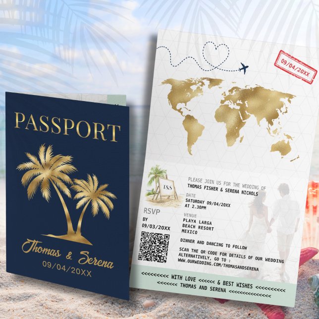 QR Code Palm Tree Passport Style Wedding Invitation (Creator Uploaded)