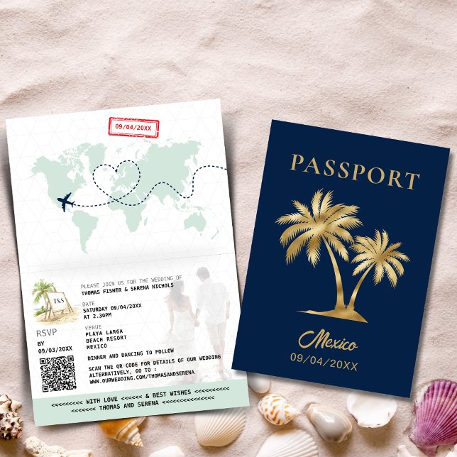 QR Code Palm Tree Passport Wedding World Map  Invitation (Creator Uploaded)