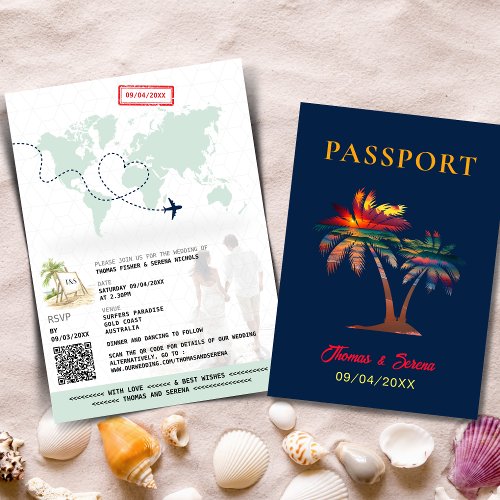 QR Code Palm Tree Passport Wedding World Map  Invitation