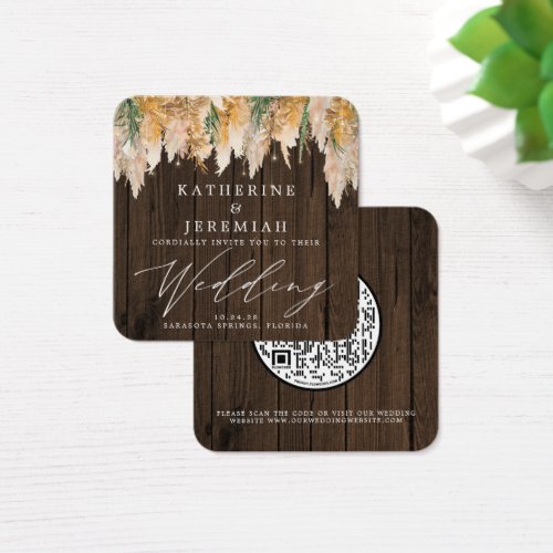 QR Code Pampas Grass Wood Wedding Invitation