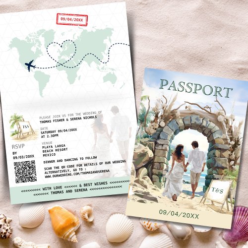 QR Code Passport Beach Wedding Destination Invitation