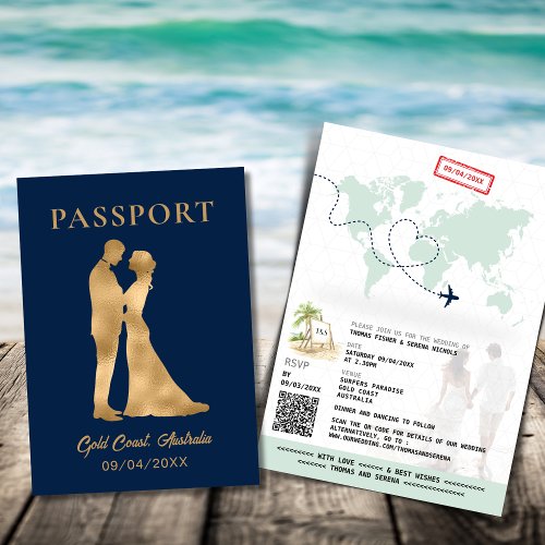 QR Code Passport Beach Wedding World Map Invite