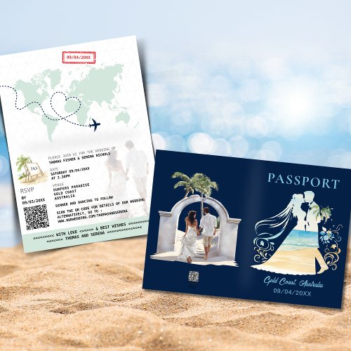 QR Code Passport Beach Wedding World Map Invite