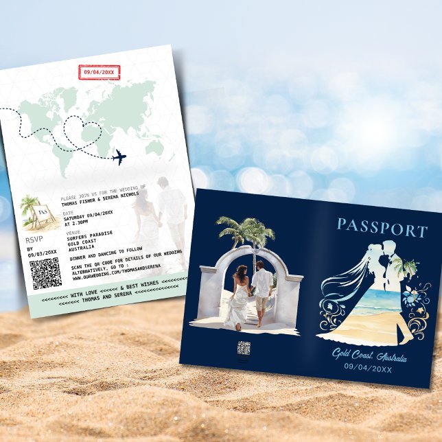 QR Code Passport Beach Wedding World Map Invite (Creator Uploaded)