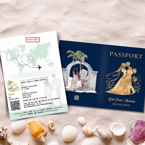 QR Code Passport Beach World Map Navy Blue Gold Invitation