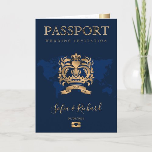 QR Code Passport Destination Wedding Gold Navy  Invitation