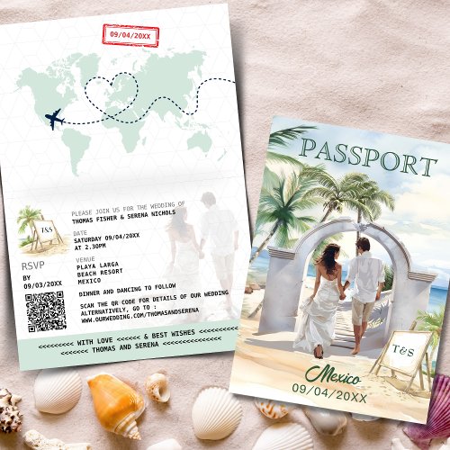 QR Code Passport Mexico Beach Wedding Destination Invitation