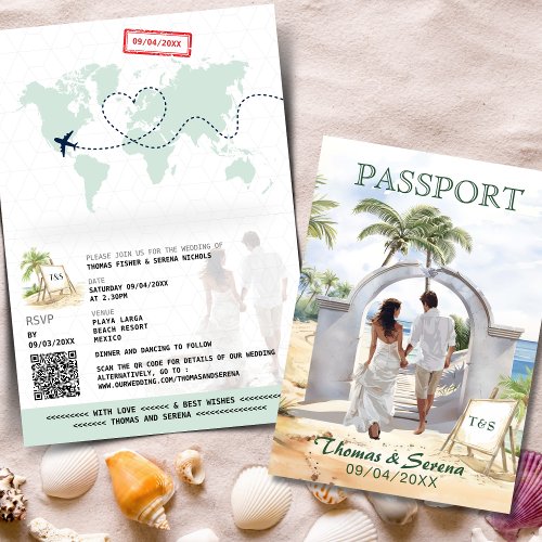 QR Code Passport Mexico Beach Wedding Destination Invitation