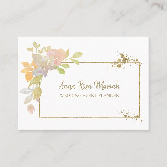 *~* QR CODE - Pastel Elegant Gold Glitter Flower Business Card (Front)