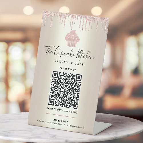 QR Code Pay Here Pink Cupcake Glitter Gold Bakery  Pedestal Sign