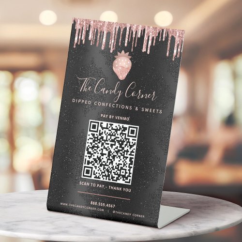 QR Code Pay Here Pink Strawberry Glitter Black Pedestal Sign