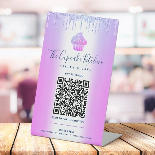 QR Code Pay Here Purple Cupcake Glitter Bakery Pedestal Sign