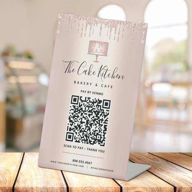QR Code Pay Here Rose Gold Glitter Cake Bakery Pedestal Sign (Creator Uploaded)