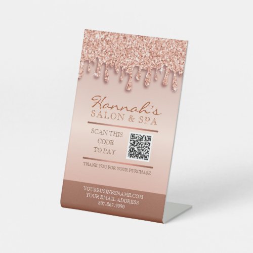 QR Code Pay Here Rose Gold Glitter Nail Salon  Pedestal Sign