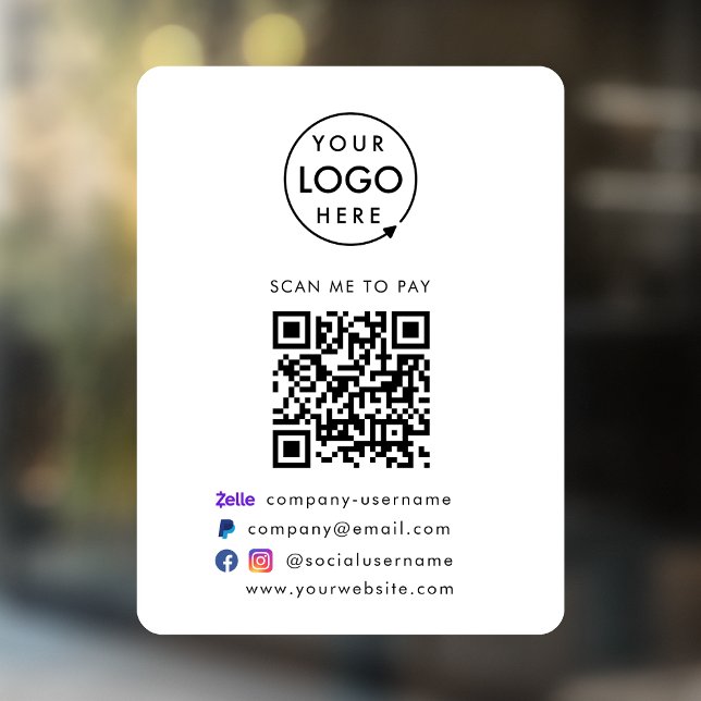 QR Code Pay | Zelle Paypal Payment Business Logo Window Cling (Versatile digital payment window decal for sales, retail stores, salons, pop-ups, events & more!)