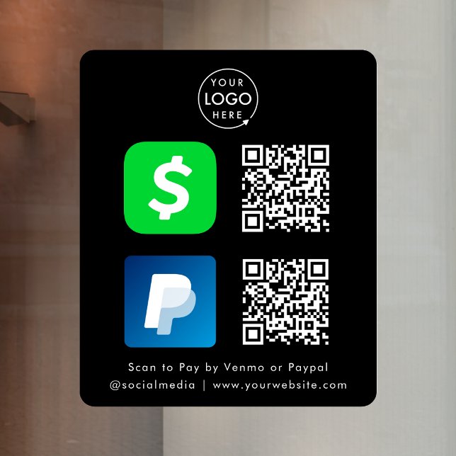 QR Code Payment | CashApp Paypal Scan to Pay Black Window Cling (Interactive "scan to pay” QR code cash wrap window decal sign for electronic payment transactions.)