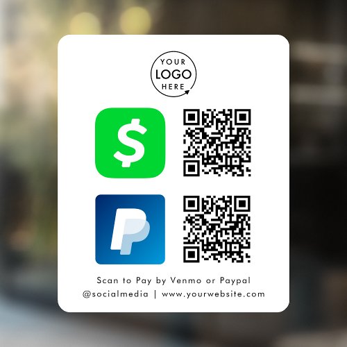 QR Code Payment  CashApp Paypal Scan to Pay White Window Cling