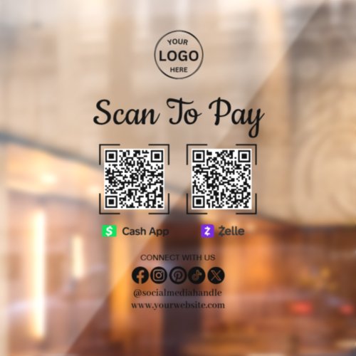 QR Code Payment Scan to Pay Zelle Cash App Logo Window Cling