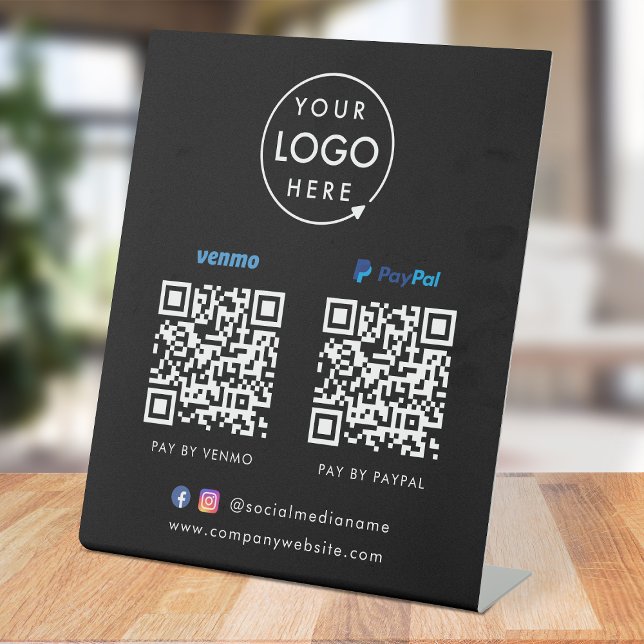 QR Code Payment | Venmo Paypal Scan to Pay Black Pedestal Sign (Versatile digital payment tabletop signs for sales, retail stores, salons, pop-ups, events & more!)