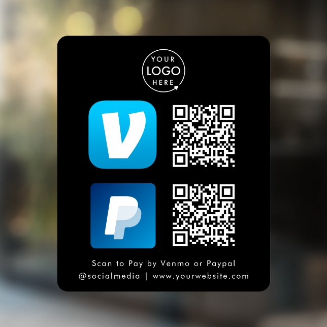 QR Code Payment | Venmo & Paypal Scan to Pay Black Window Cling (Interactive "scan to pay” QR code cash wrap window decal sign for electronic payment transactions.)