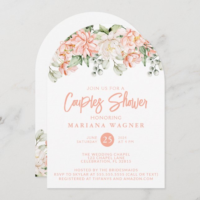 QR Code Peach Floral Couples Shower  Invitation (Front/Back)