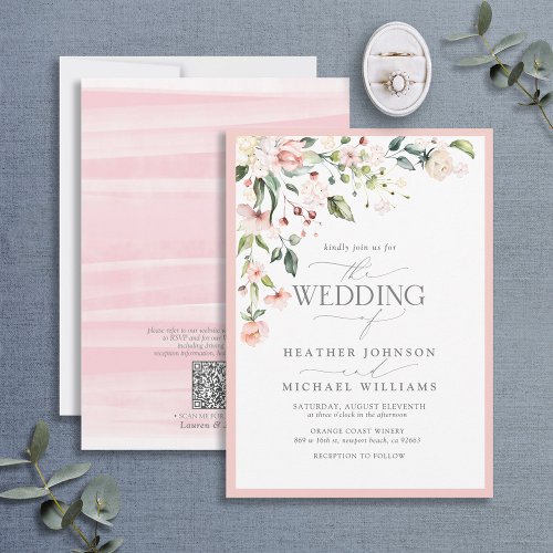 QR Code Peach Pink Watercolor Floral Wedding Invitation