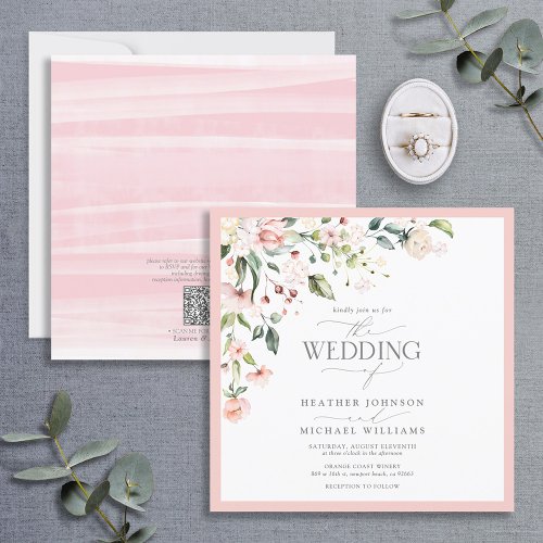 QR Code Peach Pink Watercolor Floral Wedding Invitation