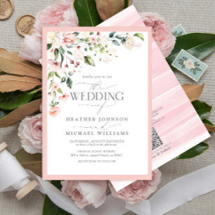 QR Code Peach Pink Watercolor Floral Wedding Invitation