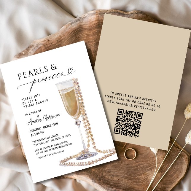 QR Code Pearls and Prosecco Bridal Shower Invitation (Creator Uploaded)