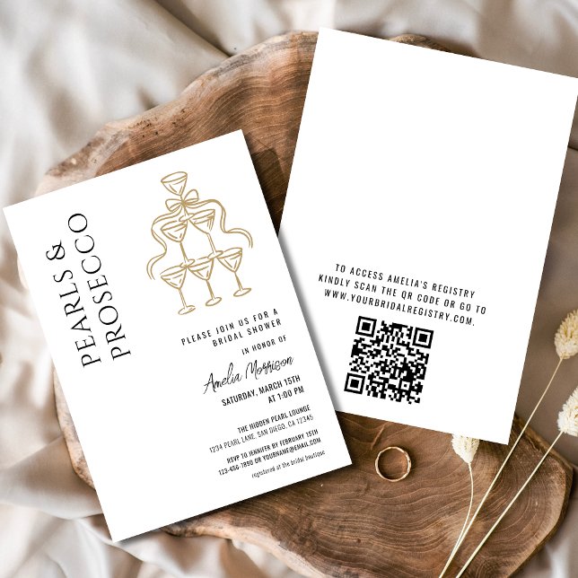QR Code Pearls and Prosecco Bridal Shower Invitation (Creator Uploaded)